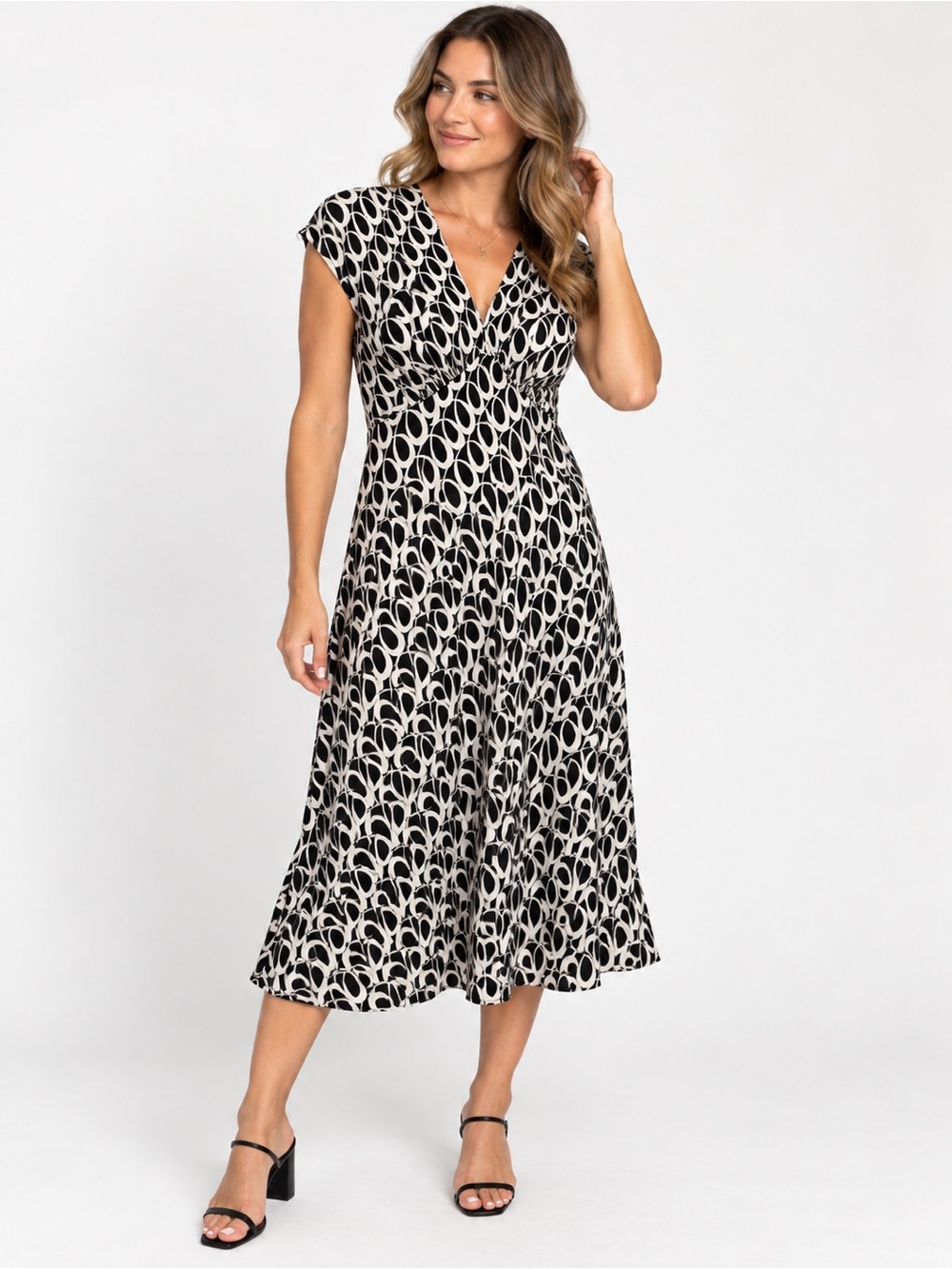Black & Cream Patterned V-Neck Midi Dress
